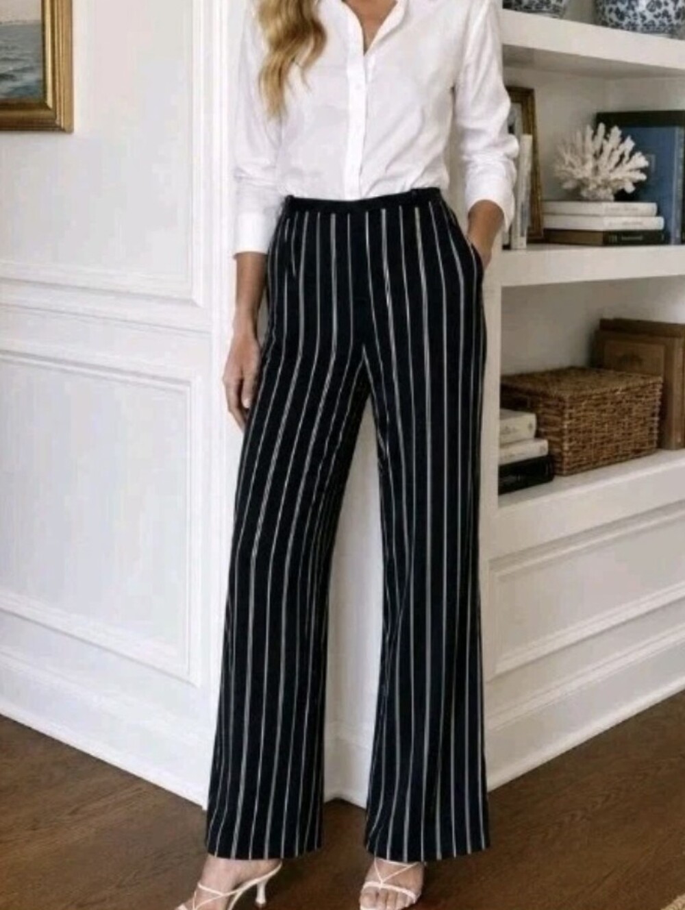 St. John Wide Leg Pants Navy Blue Striped Trousers Pull-On NEW Women's Sz S